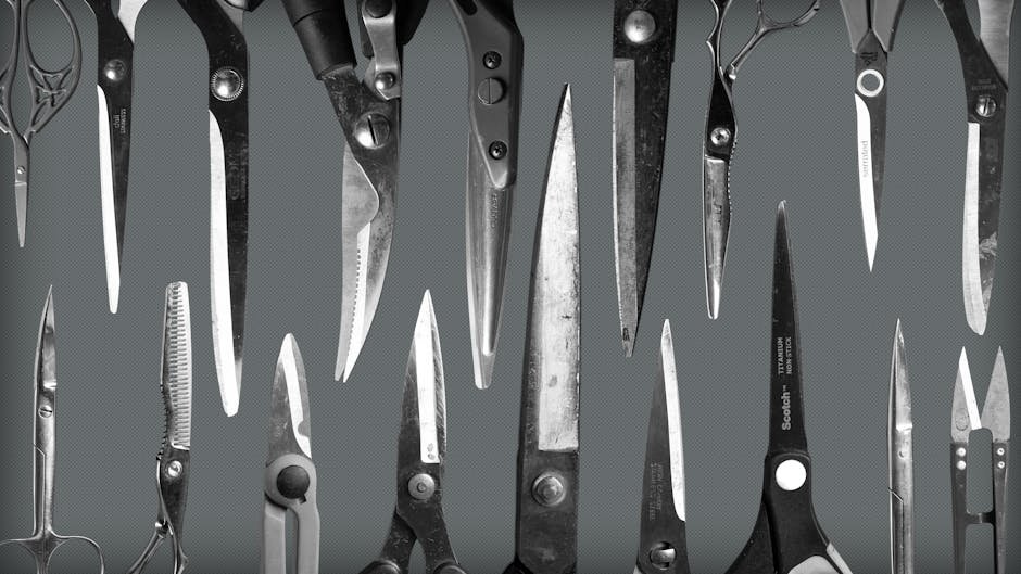 Flat lay of various scissors and cutting tools with stainless steel blades on a textured surface.